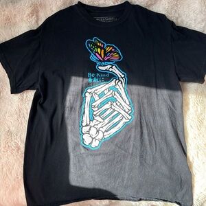 Black Graphic Tee with Skeleton and Butterfly Design